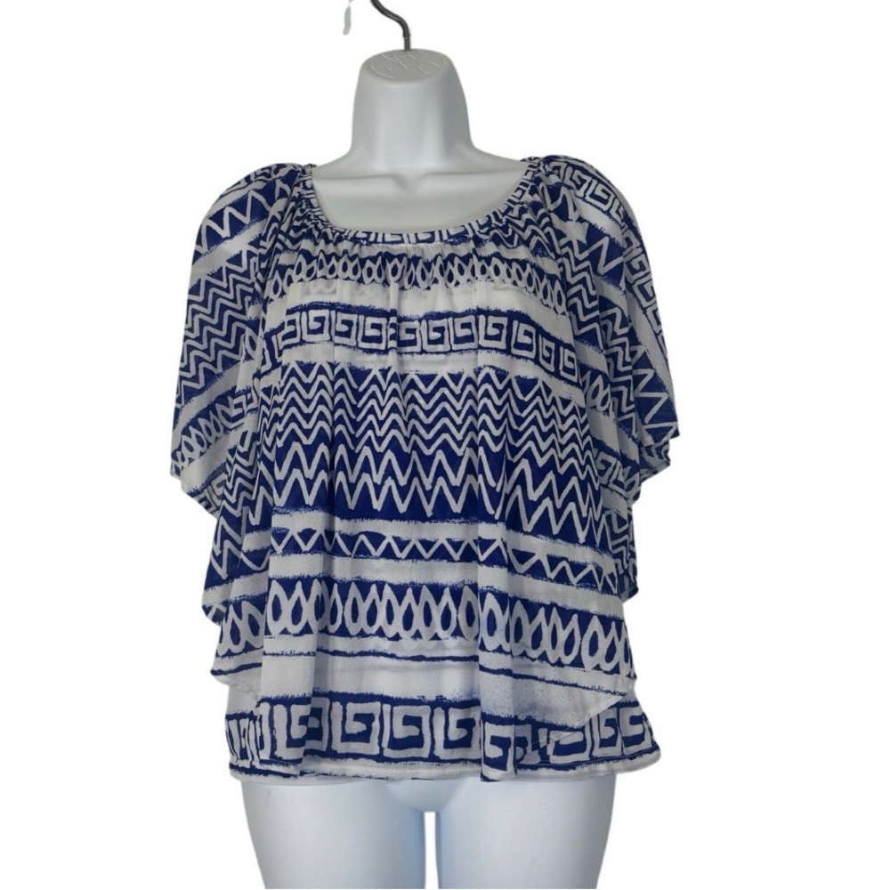 Chico’s Blue White Geometric Print Flowy Top Size 1 Boho Dolman Sleeve Blouse